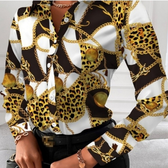 Classy chain print long sleeve button-up blouse. - Picture 1 of 3